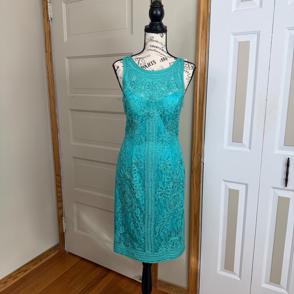 Sue Wong‎ Nocturne Womens 6 Teal Soutache Lace Sheath Dress Sleeveless Cocktail